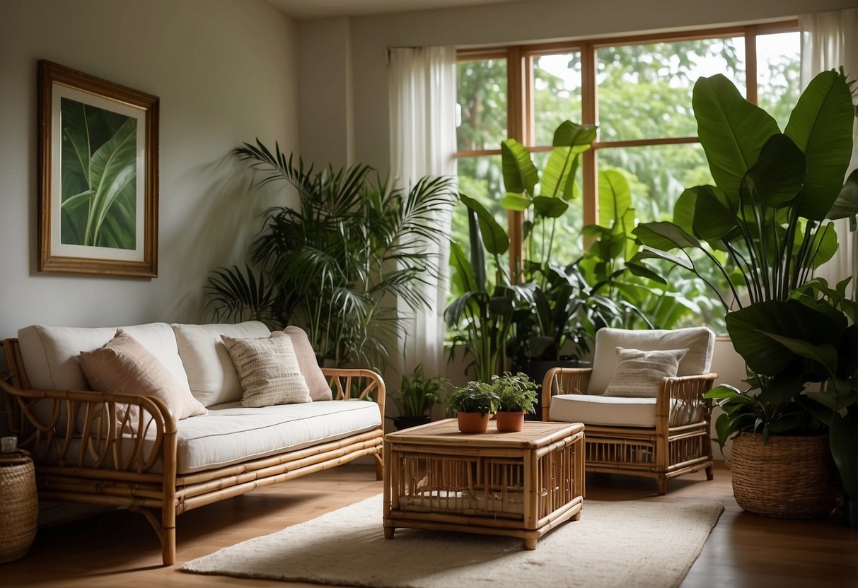 A cozy living room with a set of vintage bamboo furniture, including a sofa, coffee table, and armchair, surrounded by lush green plants and soft natural lighting