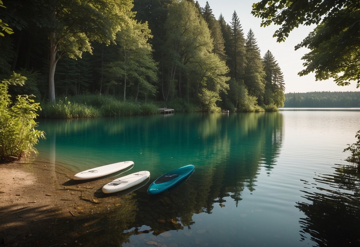 A serene lake with paddleboards and lightweight chairs set up on the shore, surrounded by lush greenery and calm waters