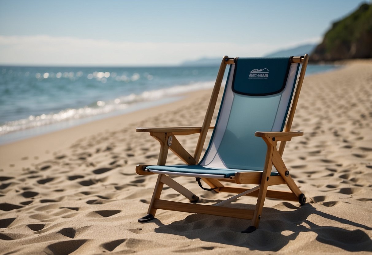 A lightweight paddleboarding chair with adjustable backrest and sturdy armrests placed on a calm, sunlit beach next to a paddleboard and a calm body of water