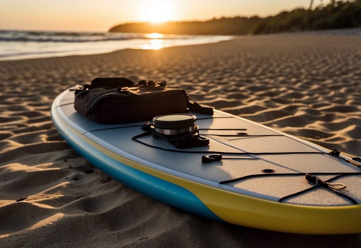 A paddleboard lies on a sandy beach, surrounded by essential navigation tools such as a compass, map, GPS device, and waterproof bag. The sun shines overhead, casting a warm glow on the scene