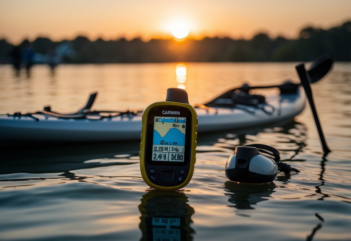 A Garmin eTrex 32x sits on a paddleboard deck with a waterproof map, compass, and whistle nearby. The sun sets over calm waters, highlighting essential navigation tools