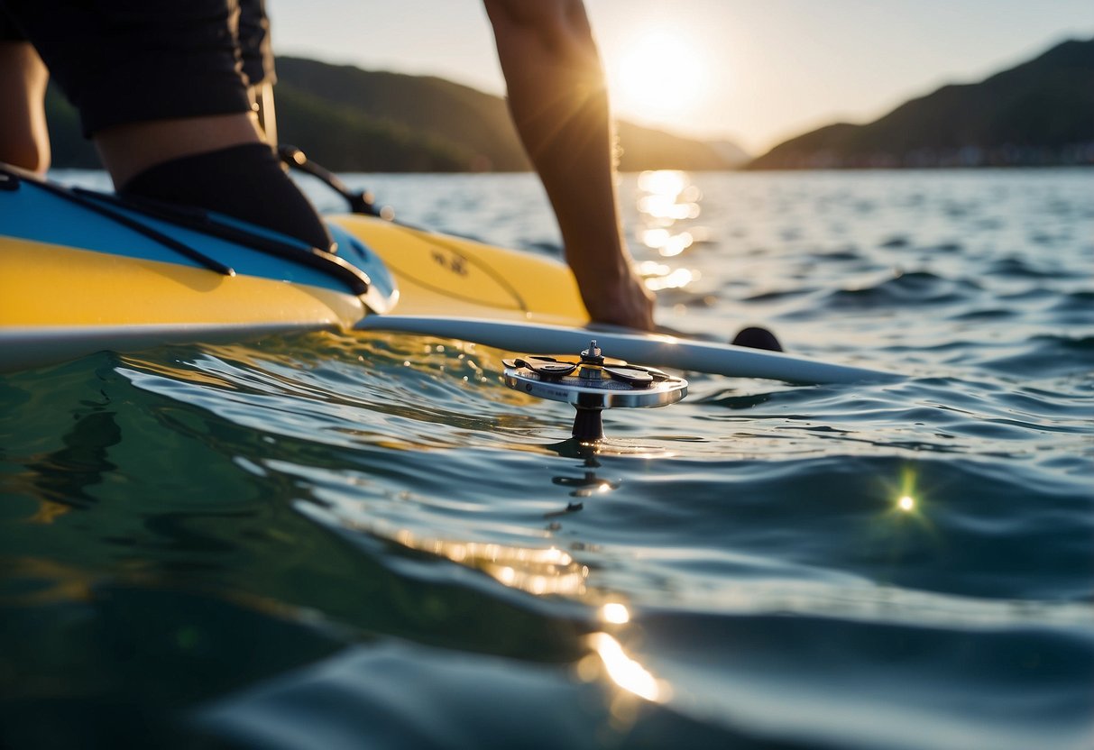 A paddleboarder uses ISEE Quickdraw Compass to navigate open water, surrounded by essential navigation tools