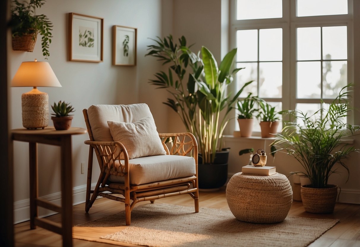 A cozy living room with a vintage bamboo chair, table, and shelves. Soft lighting and potted plants add to the peaceful ambiance