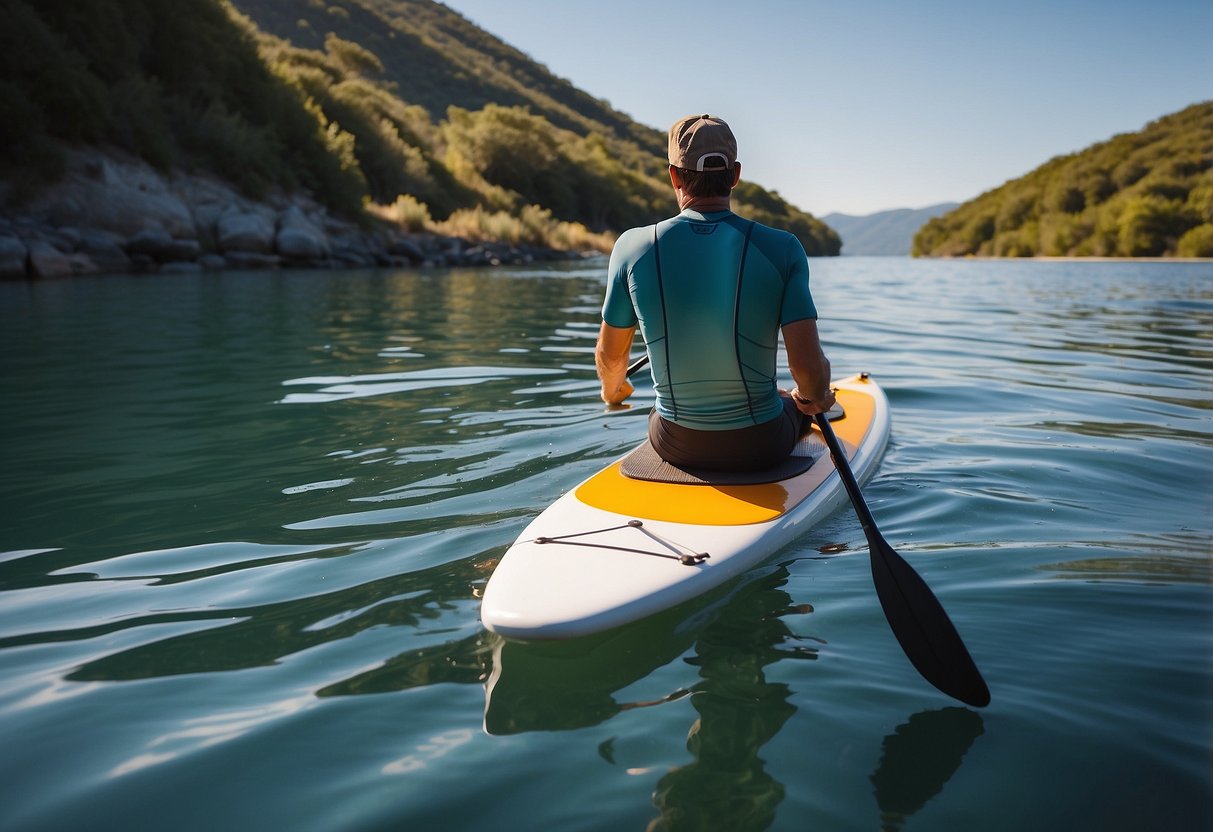 A paddleboarder navigates through calm waters, using the Navionics Boating App on their smartphone. The app displays essential navigation tools, including maps, GPS location, and route planning features