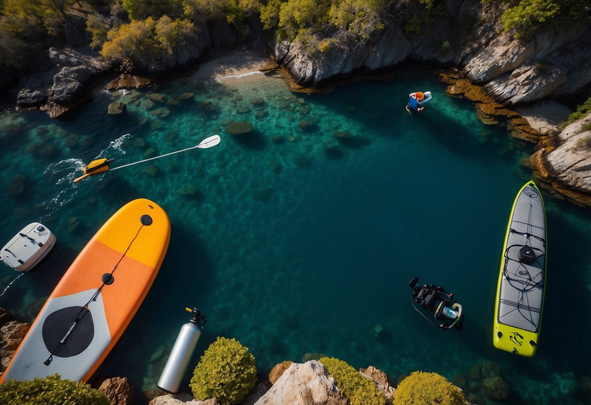 A paddleboarder stands on a calm ocean, surrounded by essential navigation tools: compass, GPS, map, whistle, flashlight, first aid kit, water bottle, sunscreen, and waterproof phone case