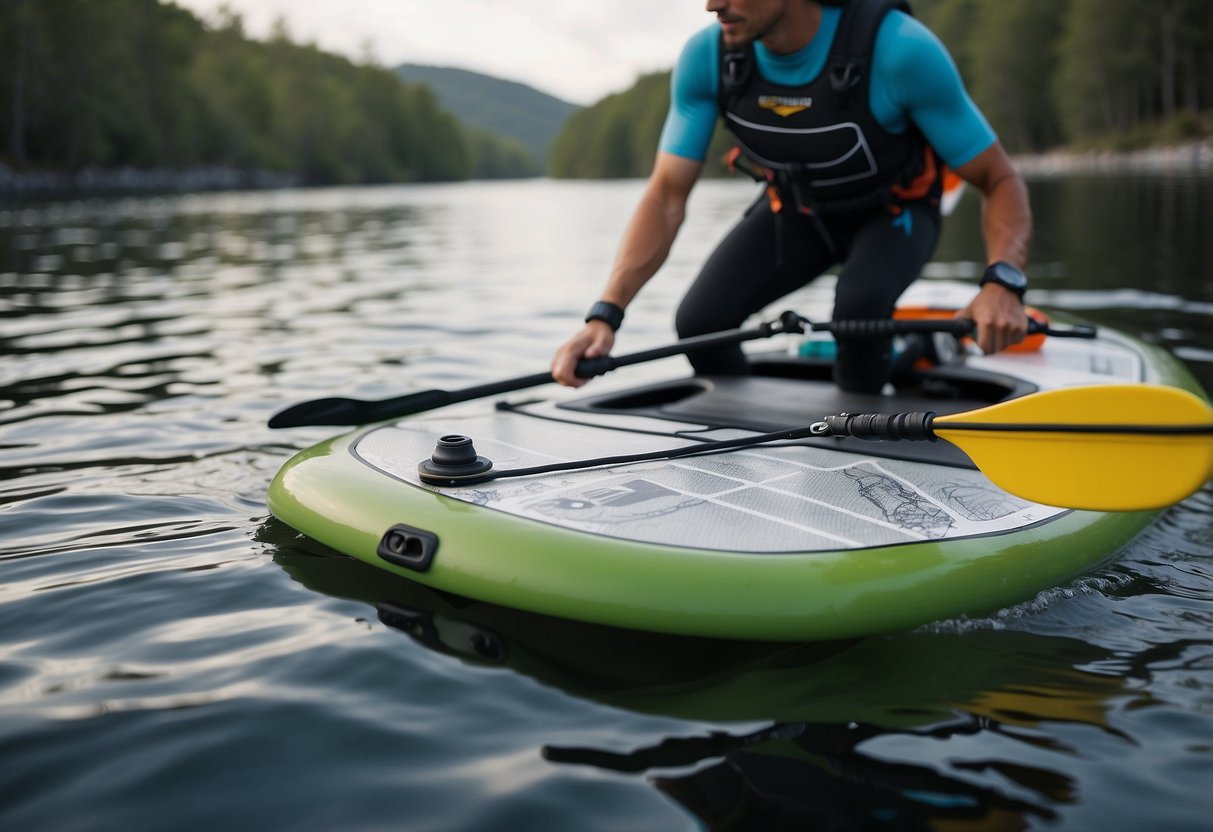 A paddleboarder uses essential navigation tools from a waterproof chart while exploring a scenic waterway