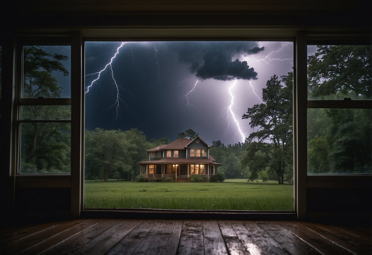 Dark clouds loom overhead as lightning strikes in the distance. Trees sway violently in the wind, and rain pours down heavily. A house stands with boarded-up windows, while a person inside listens to a battery-powered radio for updates