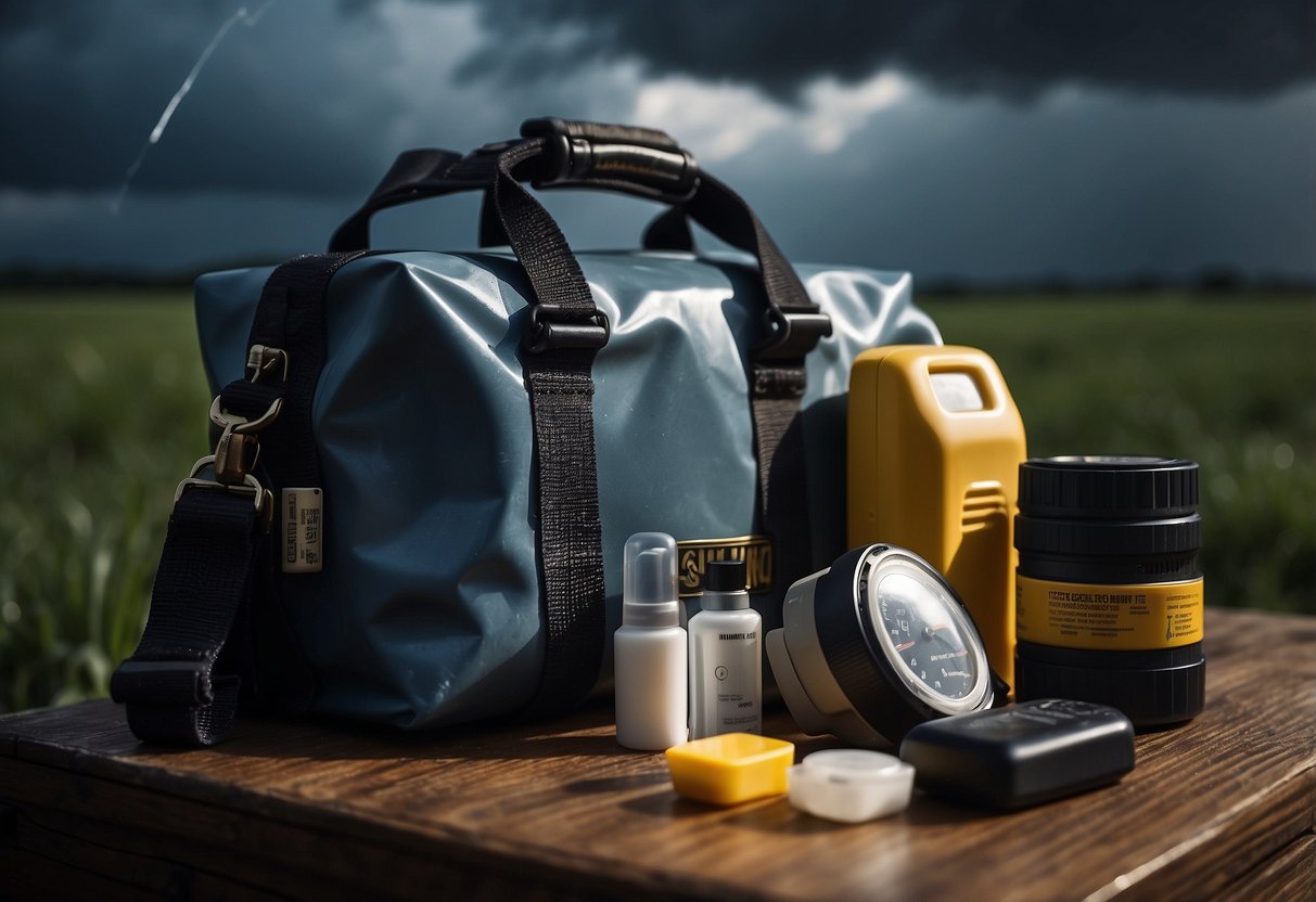 A sturdy emergency kit sits on a shelf, filled with supplies. A storm rages outside, with dark clouds and rain. Lightning flashes in the sky