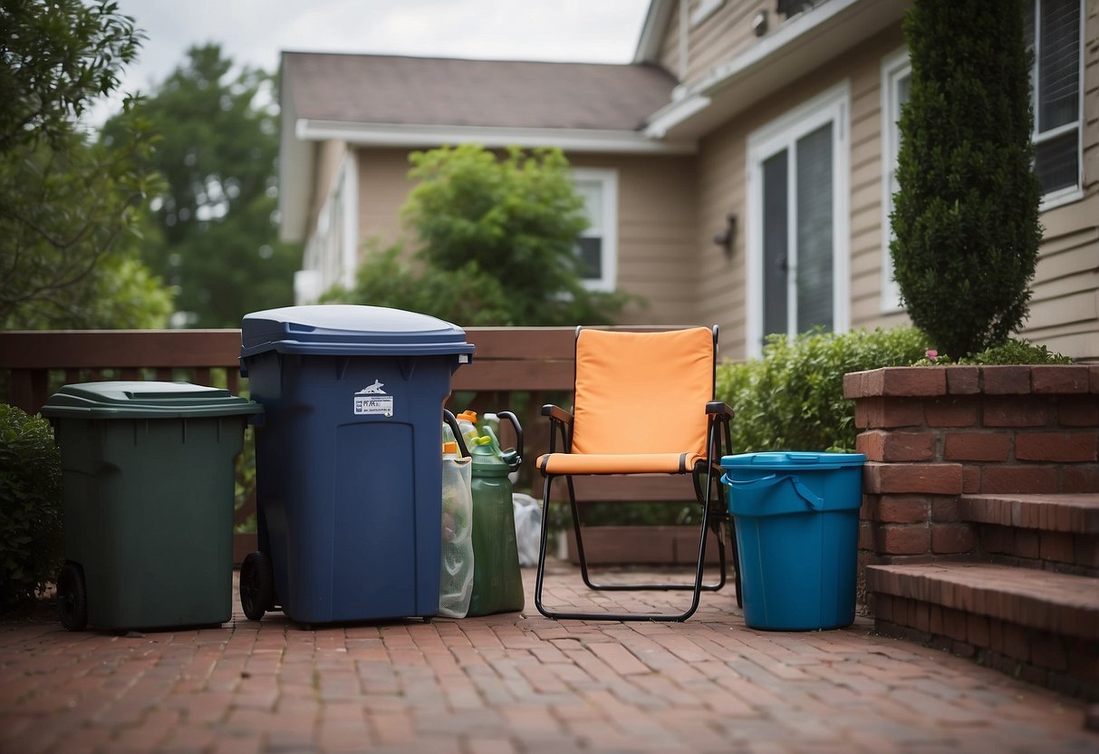 Outdoor items secured: patio furniture tied down, garbage cans anchored, and loose objects brought inside. Storm preparations evident