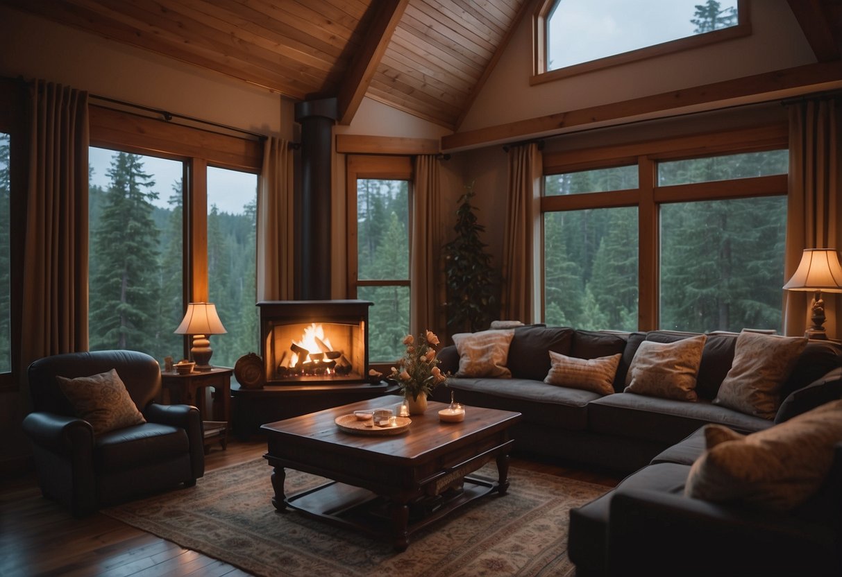 A cozy living room with curtains drawn, a crackling fire in the fireplace, and a family huddled together playing board games. Outside, the wind howls and rain lashes against the windows, but inside, they are safe and sound