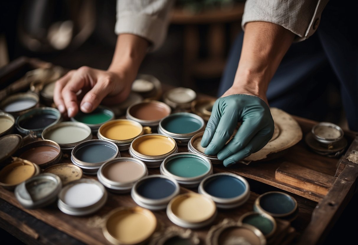 A hand reaching for a palette of vintage paint colors, surrounded by antique furniture pieces waiting to be transformed