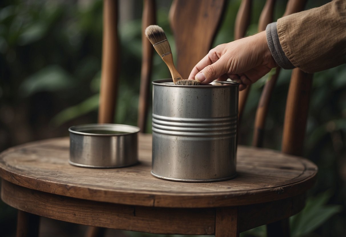 A hand dips a brush into a can of vintage paint, then applies it to a wooden chair, creating a weathered and distressed look