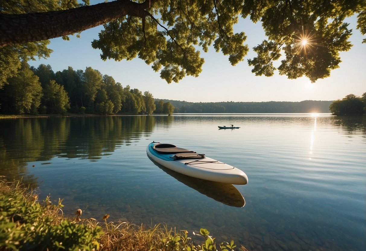 A calm lake with paddleboards floating on the water. Jackets hanging on a nearby tree branch, with a gentle breeze blowing through the scene