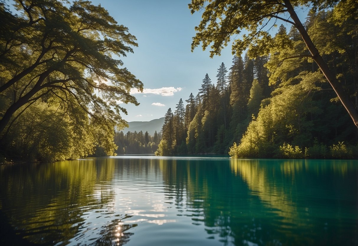 A serene lake with clear blue water, surrounded by lush green trees and a bright sunny sky. A paddleboarder glides across the water, wearing a sleek and lightweight O'Neill Women's Hybrid 5 jacket