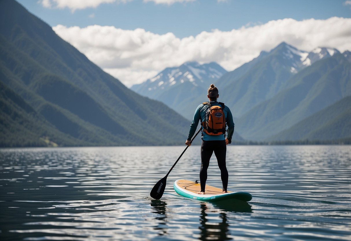 A paddleboarder wearing the NRS Men's Endurance Jacket paddles across calm waters, with a scenic backdrop of mountains and clear blue skies