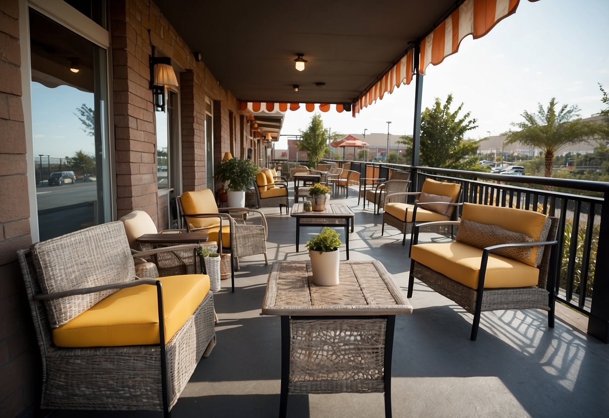 Balcony furniture displayed at Walmart, with tables, chairs, and umbrellas. Bright colors and variety of styles