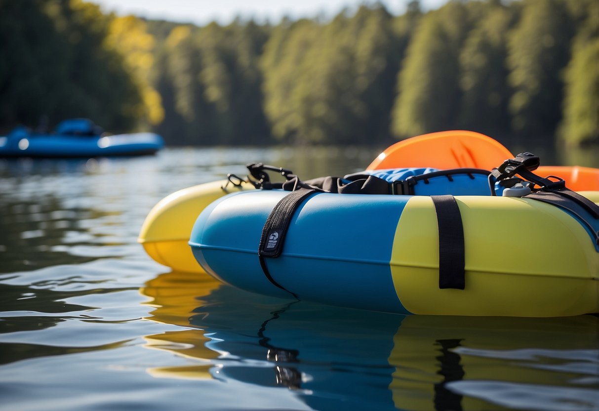 A bright blue ONYX MoveVent Dynamic Life Vest floats on calm water, surrounded by paddleboards. Sunlight glistens on the lightweight jackets