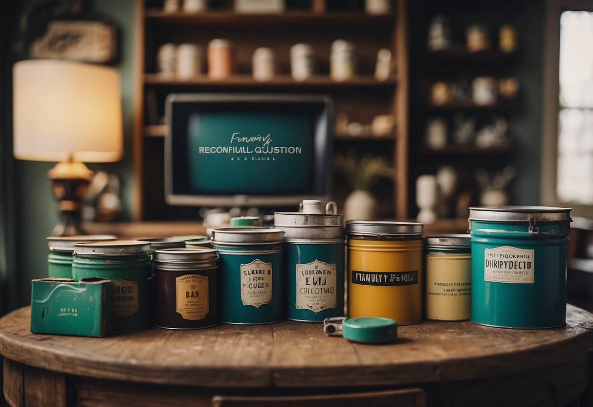 A vintage furniture piece surrounded by paint cans labeled "Frequently Asked Questions" colors