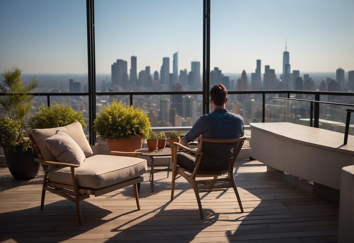 A person choosing outdoor furniture on a balcony overlooking a city skyline