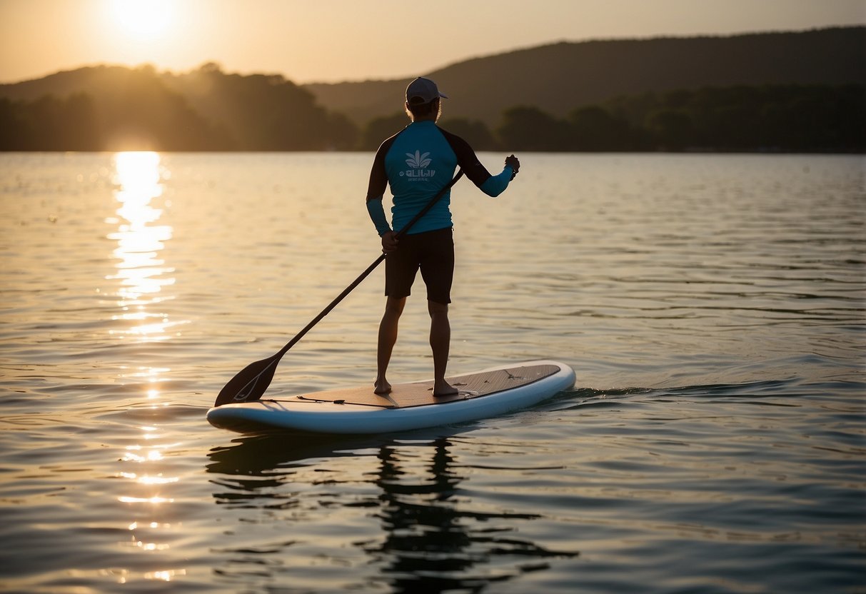 A person wearing Gill's Pro Tournament 3L Jacket paddleboarding on calm water with the sun setting in the background