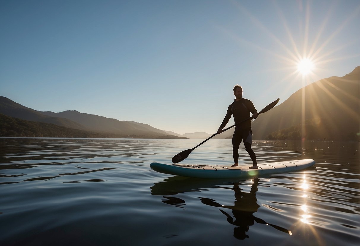 A paddleboarder glides across calm waters, wearing a lightweight jacket. The sun glistens on the surface as the paddler enjoys a peaceful and comfortable experience