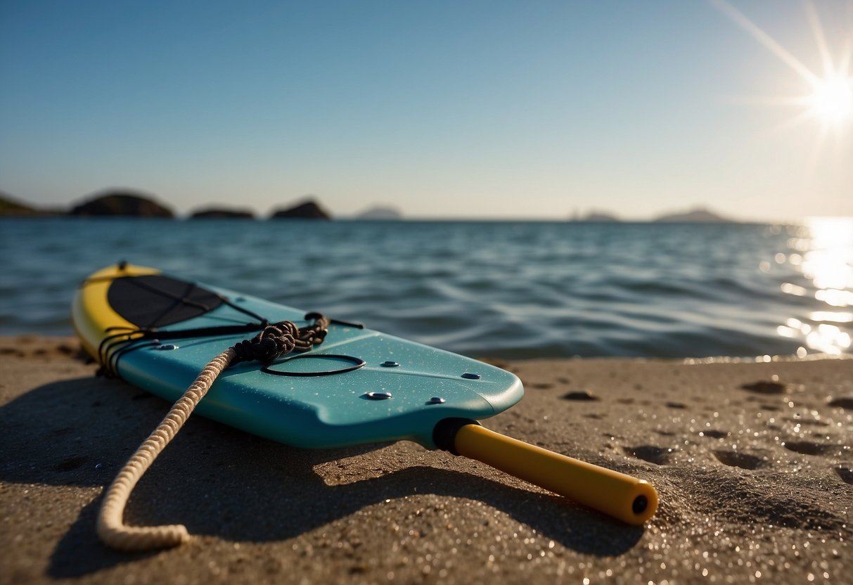 A paddleboarding jacket hanging on a hook, with a paddle and water droplets on the surface, surrounded by a calm beach backdrop