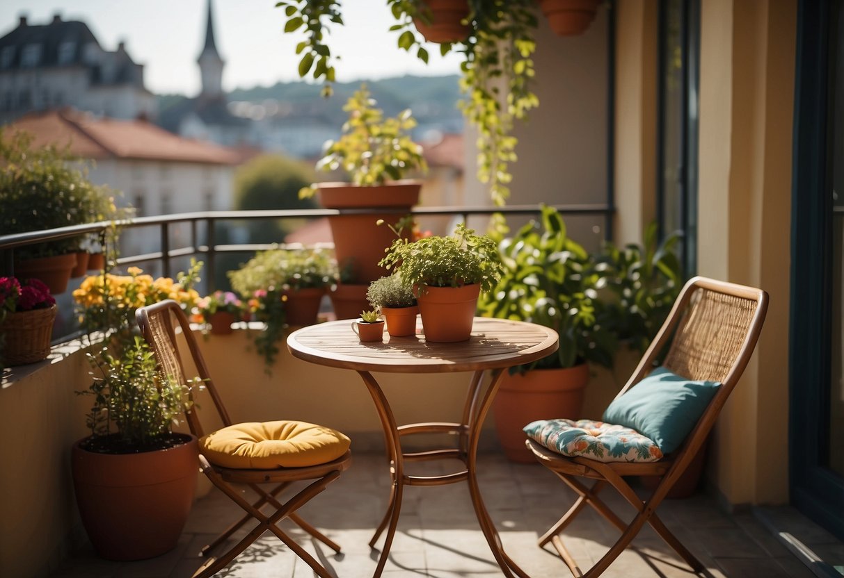 A cozy balcony with a small table and chairs, adorned with colorful cushions and potted plants. The sun is shining, casting a warm glow on the inviting furniture set