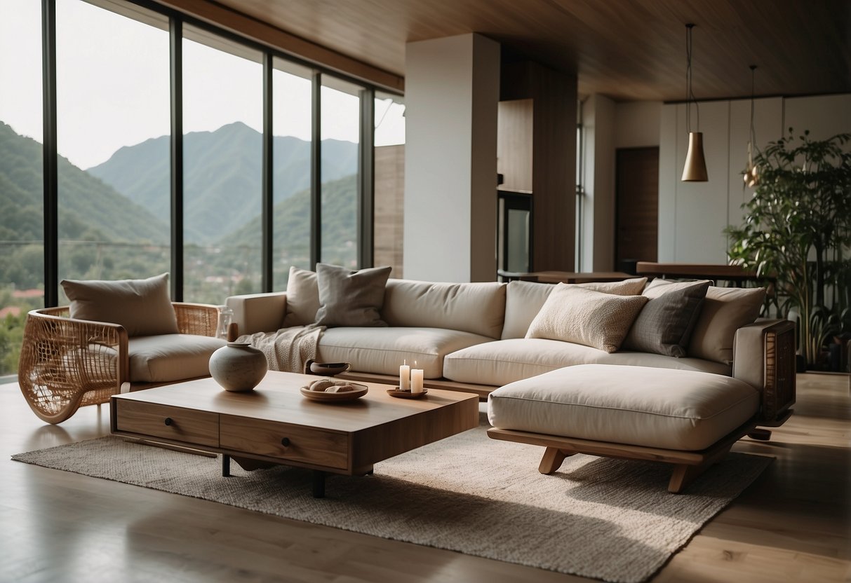 A modern living room with sleek, minimalist Asian furniture, featuring clean lines, natural materials, and a neutral color palette