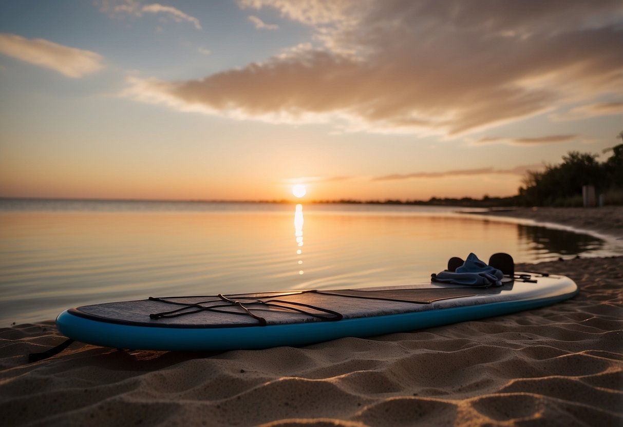 A paddleboard resting on the shore, surrounded by calm waters and a serene sunset. Nearby, a yoga mat and foam roller signal post-trip recovery