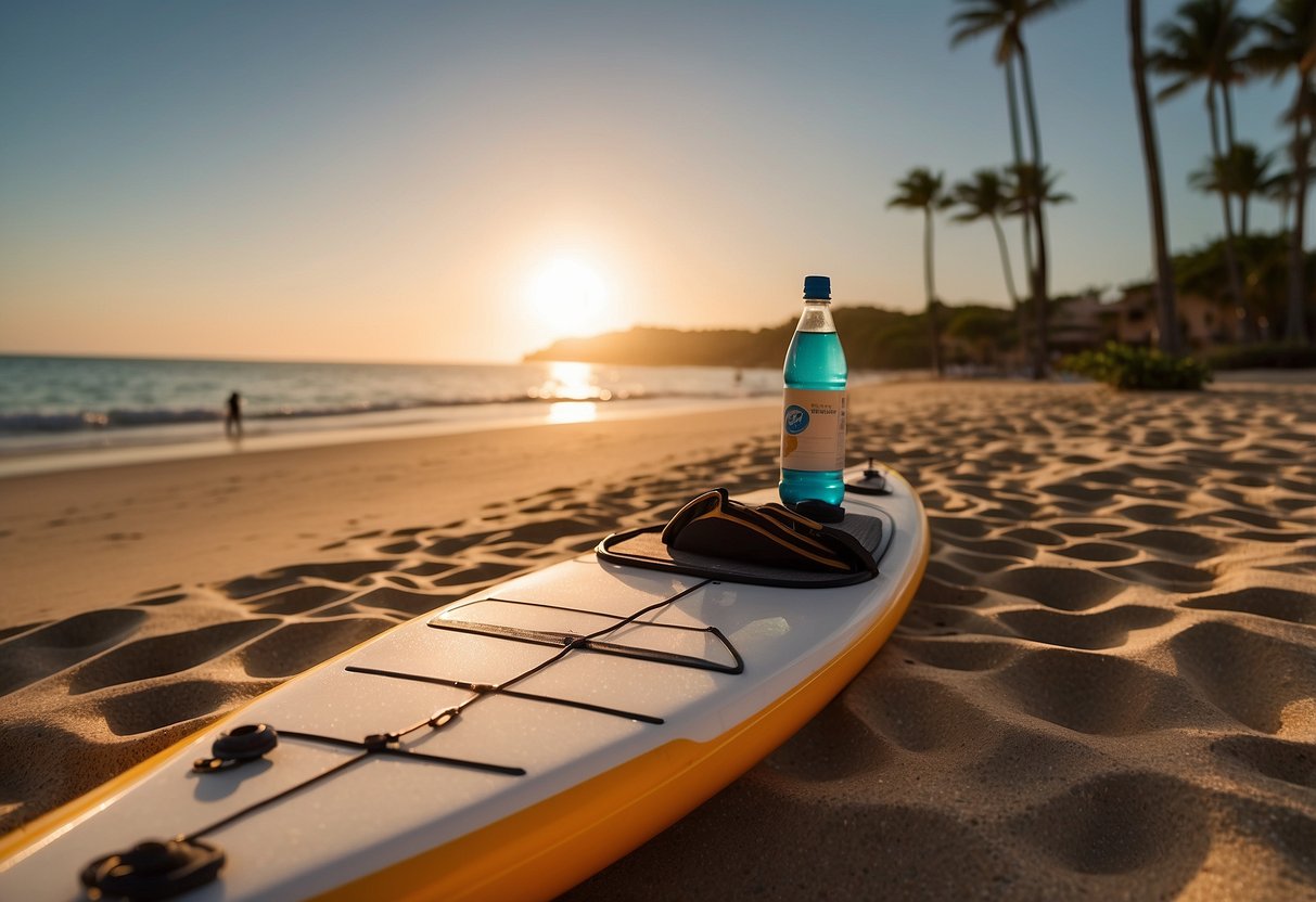 A paddleboard sits on a sandy beach, surrounded by empty electrolyte drink bottles. The sun is setting in the background, casting a warm glow over the scene