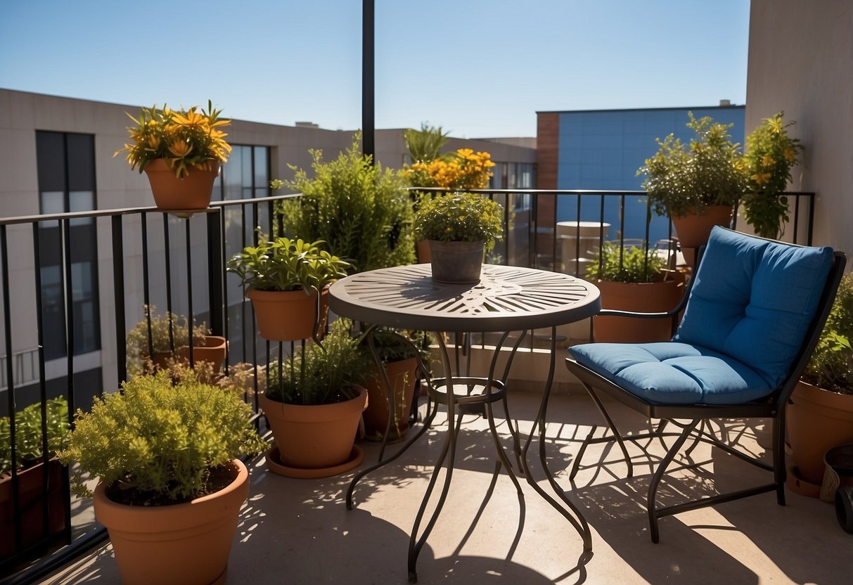 A balcony with Walmart furniture, featuring a table, chairs, and potted plants. The setting is sunny with a clear blue sky