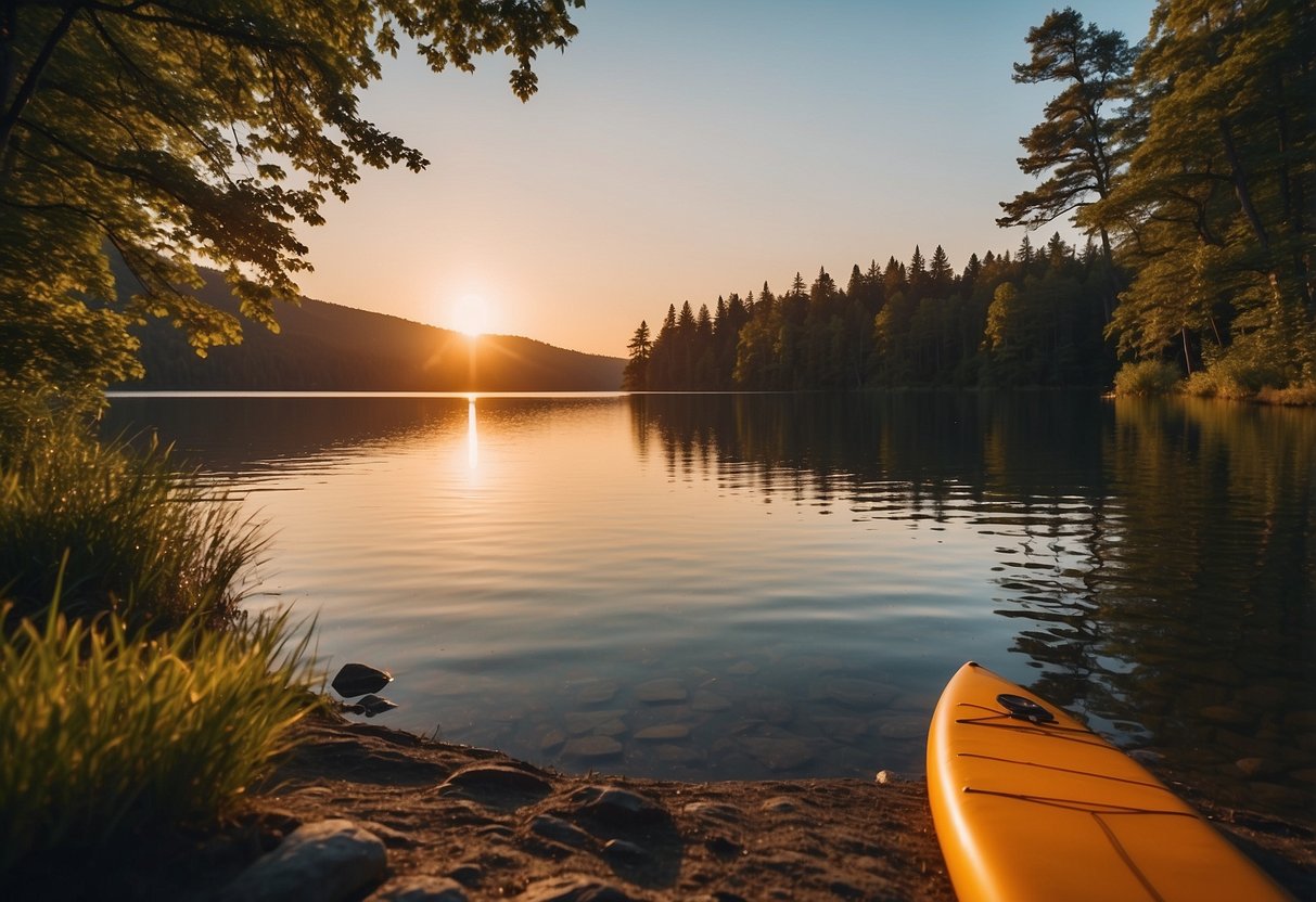 A peaceful lake at sunset, with a paddleboard resting on the shore. A cozy campsite nearby, with a tent and a crackling campfire