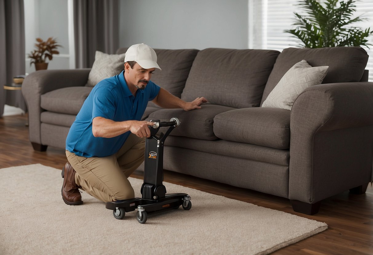 A furniture lifter effortlessly raises a heavy sofa with the EZ Moves PowerMaxx, showcasing its strength and ease of use