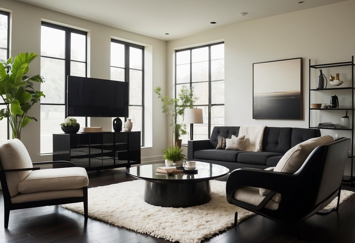 Sleek, minimalist lines define a modern living room. A low, black lacquer coffee table sits atop a cream-colored shag rug, flanked by two elegant, high-backed chairs with clean, angular frames