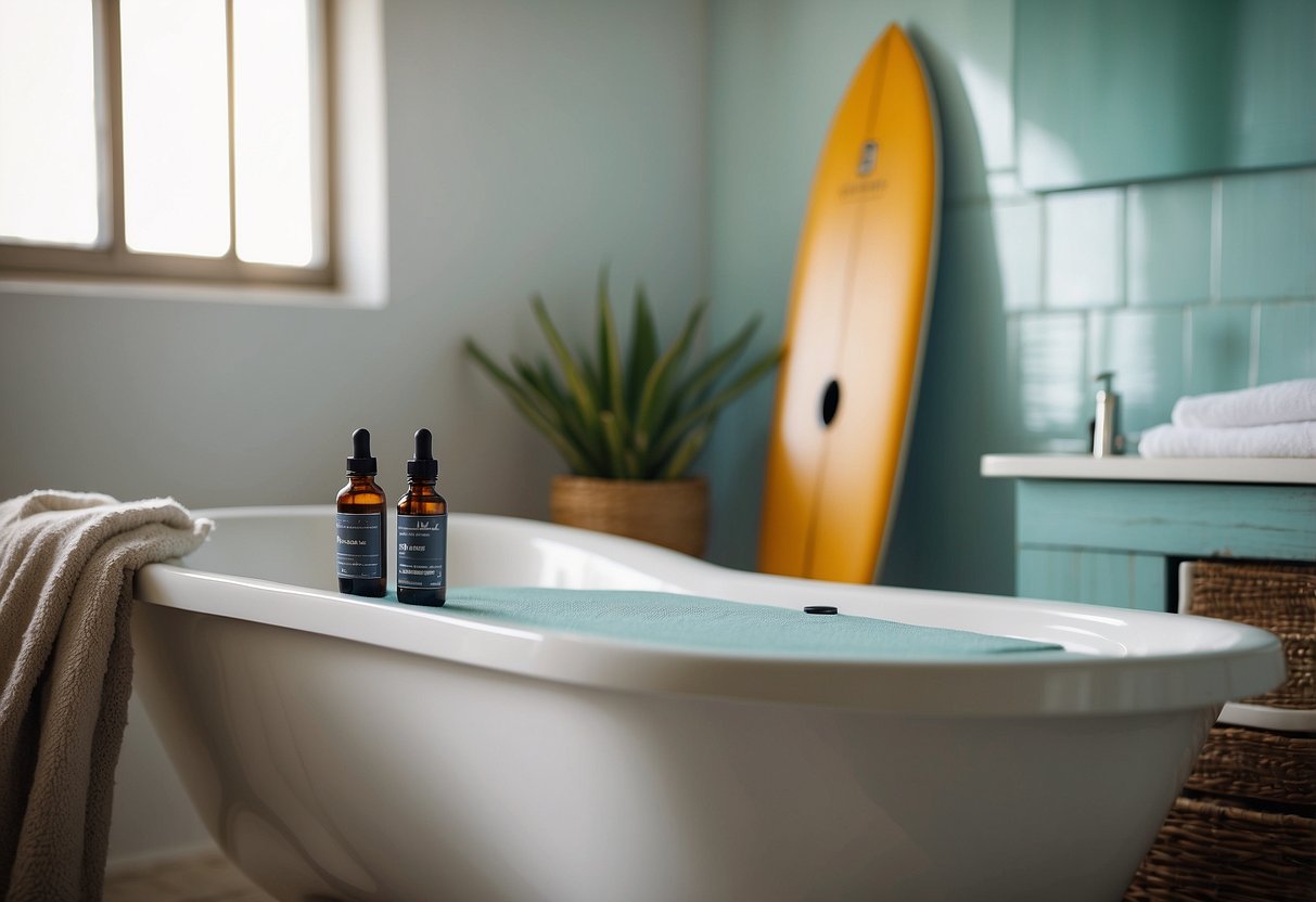 A paddleboard leans against a wall next to a bathtub filled with Epsom salt water. A towel and a bottle of essential oils sit nearby