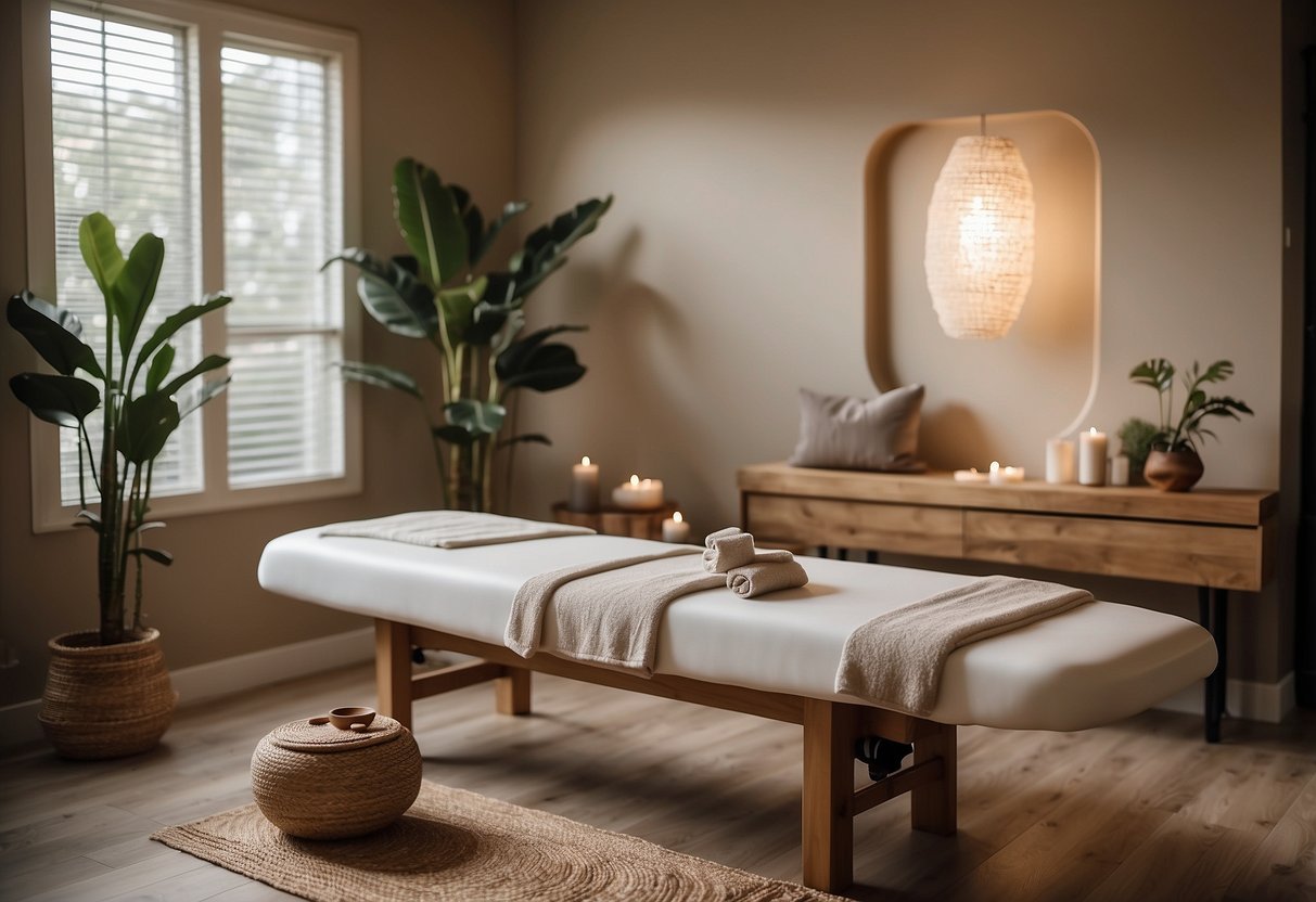 A serene spa room with a massage table, soft lighting, and calming decor. Paddleboards leaning against a wall in the background