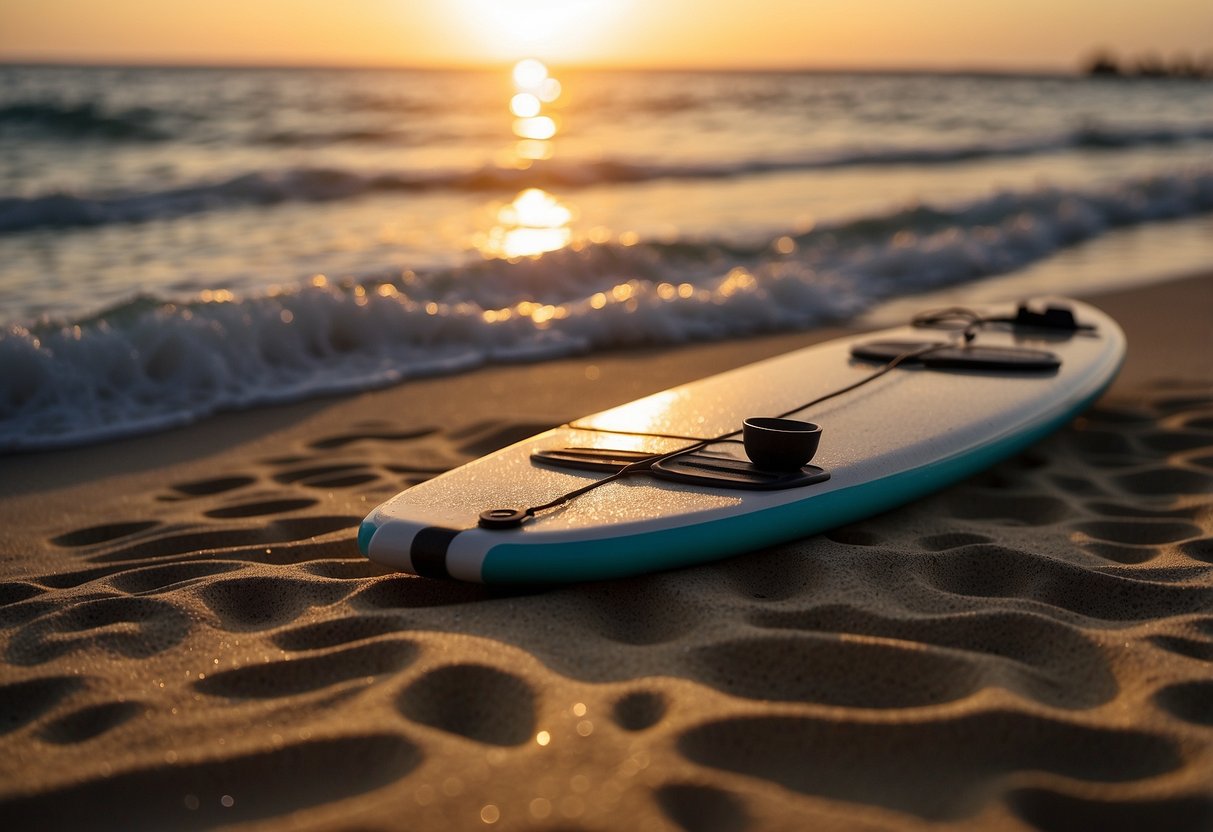 A paddleboard lies on a sandy beach with a Theragun nearby. The sun sets in the background as waves crash on the shore