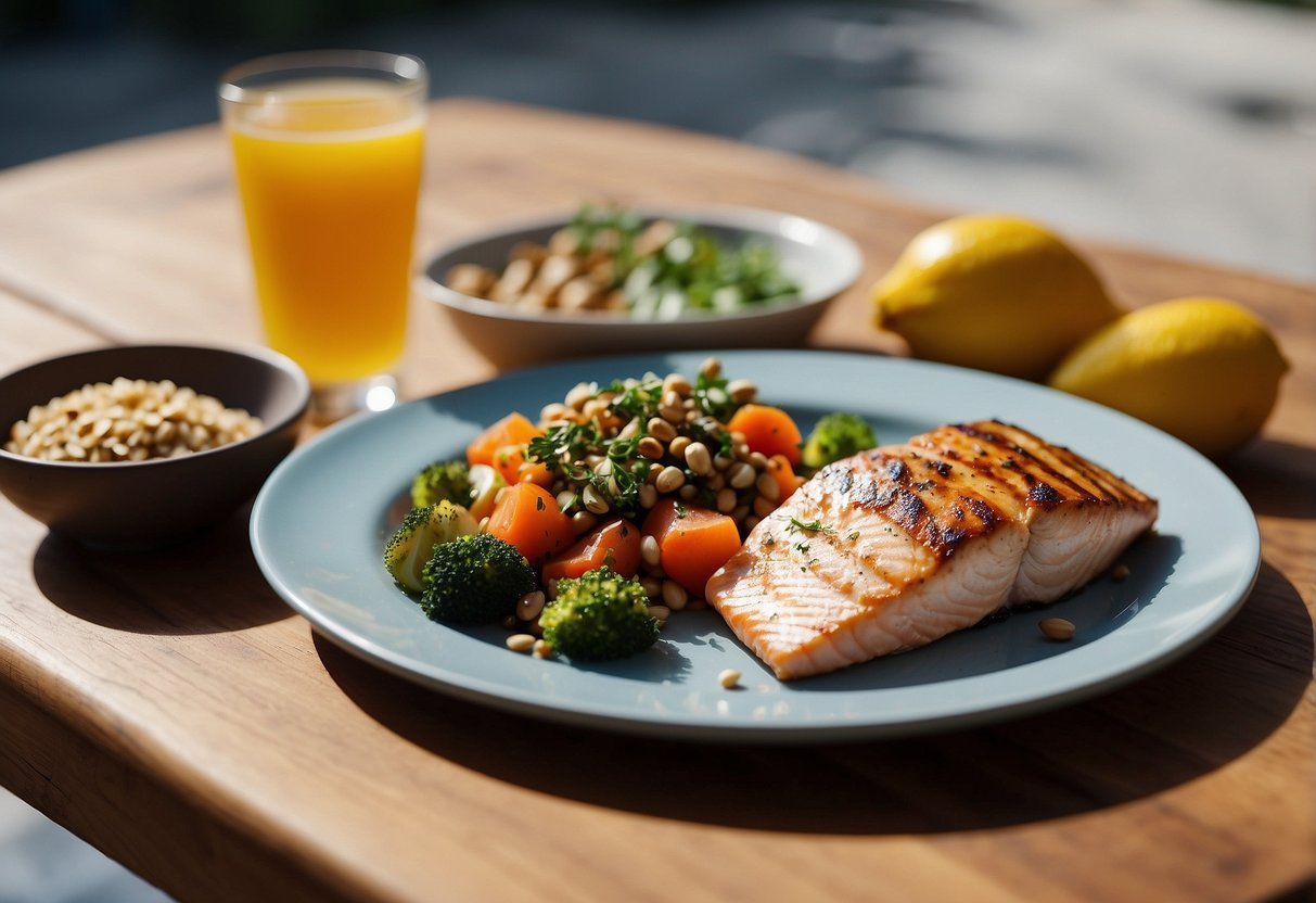 A table set with a variety of protein-rich foods, such as grilled chicken, salmon, quinoa, and nuts. A paddleboard leaning against a wall in the background