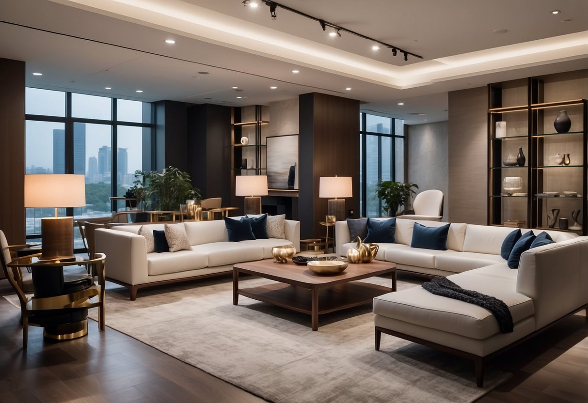 A modern Asian furniture showroom with sleek designs, clean lines, and minimalist decor. Bright lighting highlights the craftsmanship of each piece