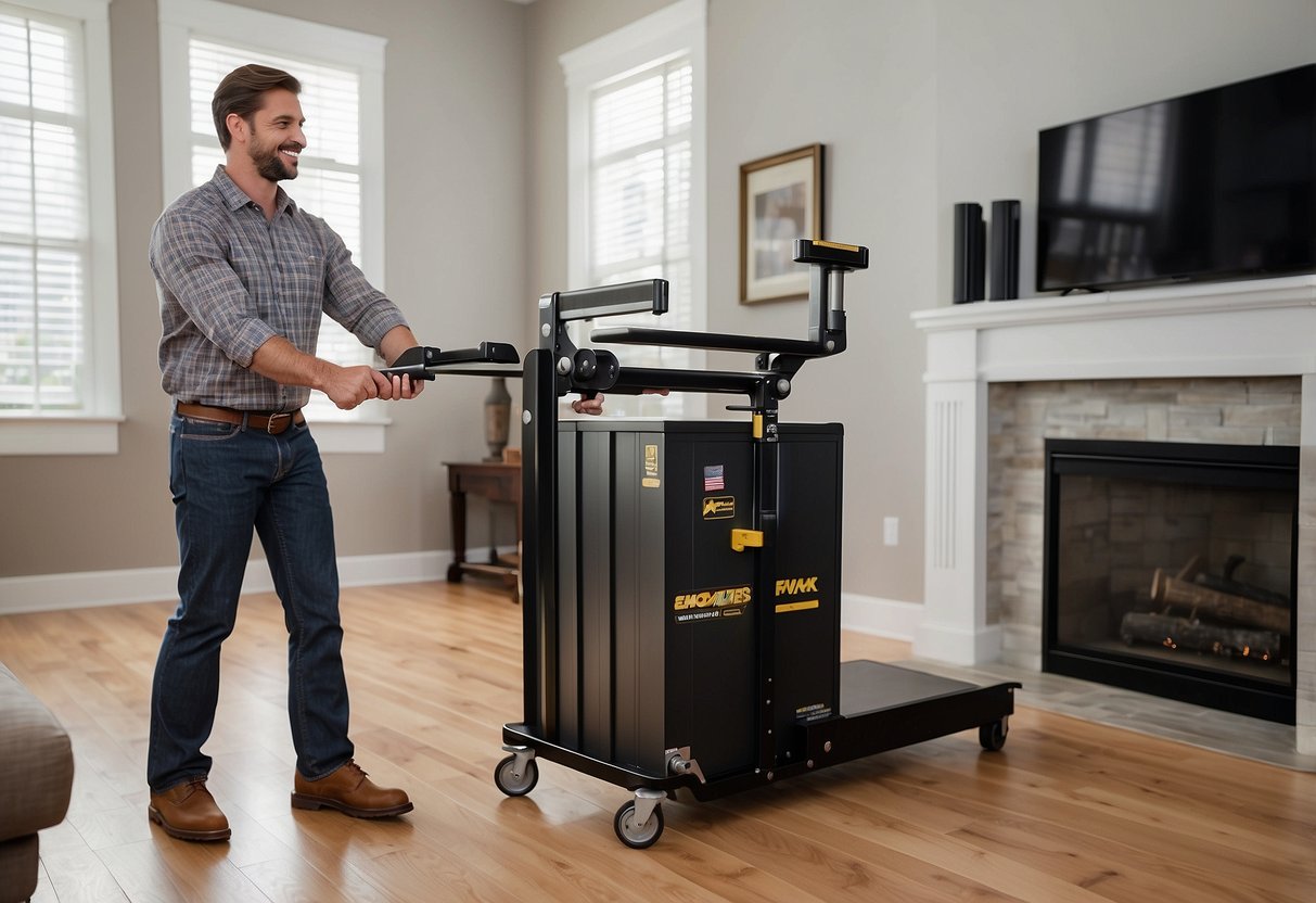 The ez moves powermaxx furniture lifter is shown lifting a heavy piece of furniture, with complementary products and accessories displayed nearby