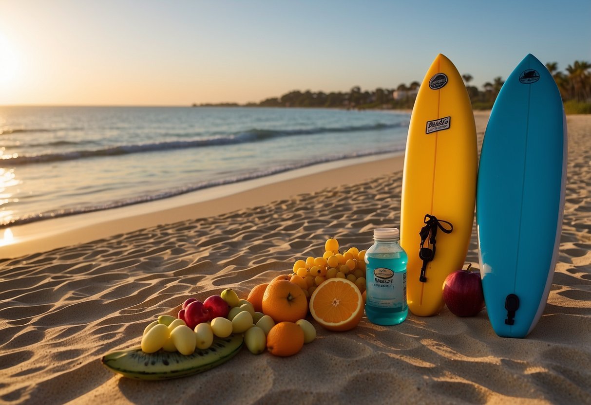 A paddleboard rests on a sandy shore, surrounded by fresh fruits, water bottles, and protein bars. The sun sets in the background as a calm, serene atmosphere envelops the scene