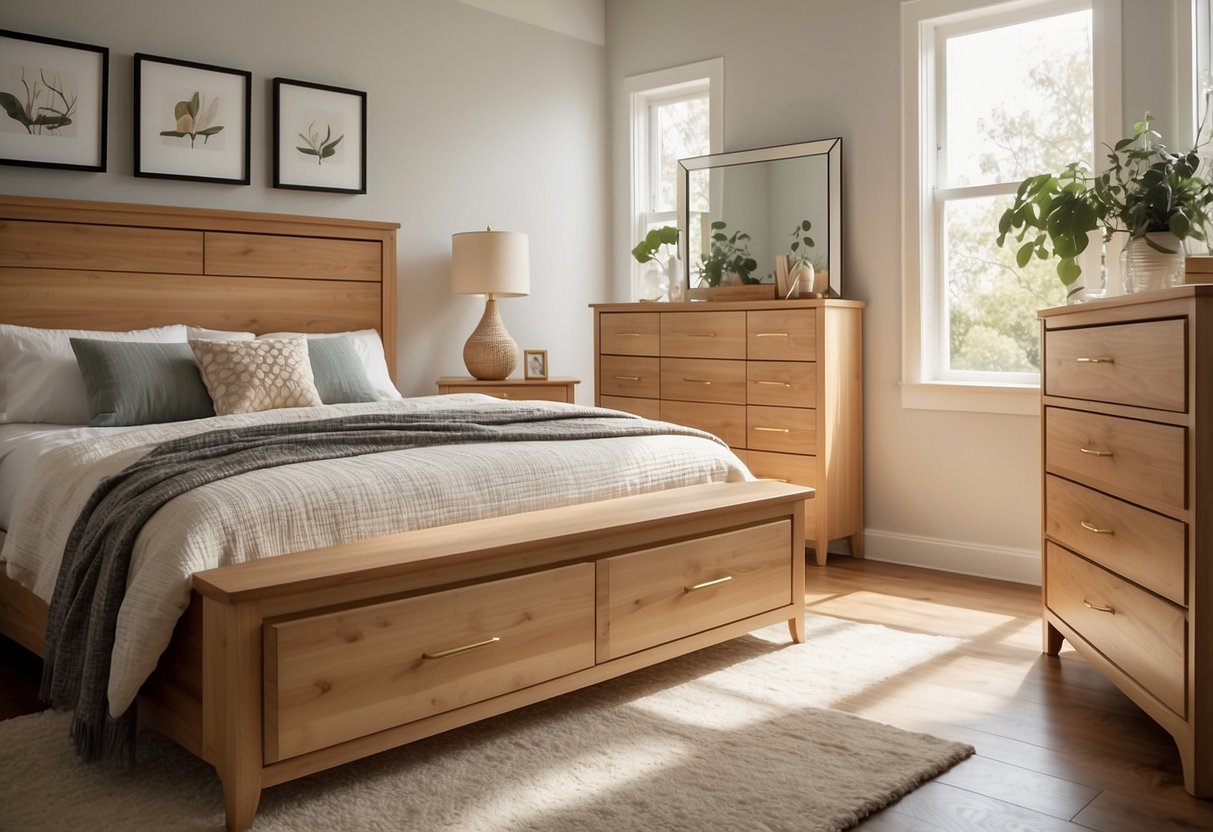 The light wood bedroom furniture is arranged neatly, with a bed, nightstands, and a dresser. The room is bright and airy, with sunlight streaming in through the window