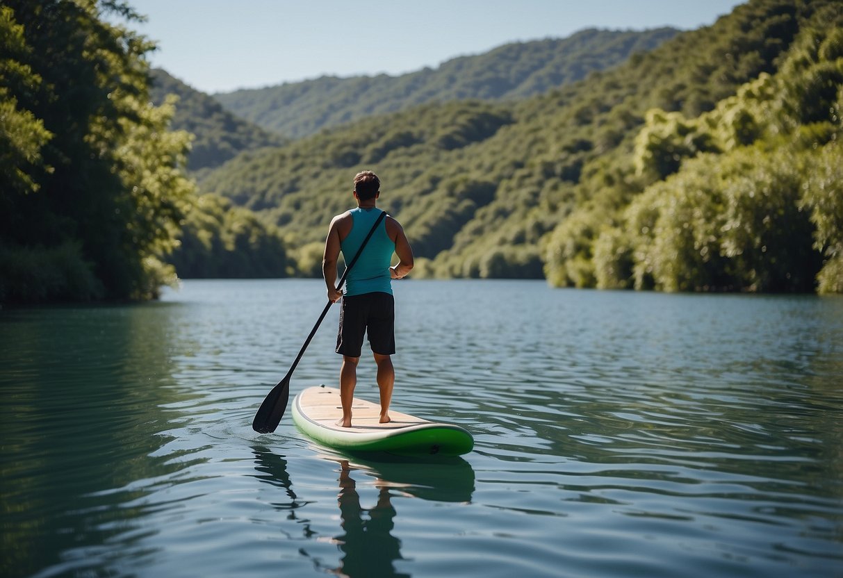 A serene paddleboard floating on calm waters, surrounded by lush greenery and a clear blue sky. A sense of tranquility and peace emanates from the scene, evoking feelings of mental and emotional recovery