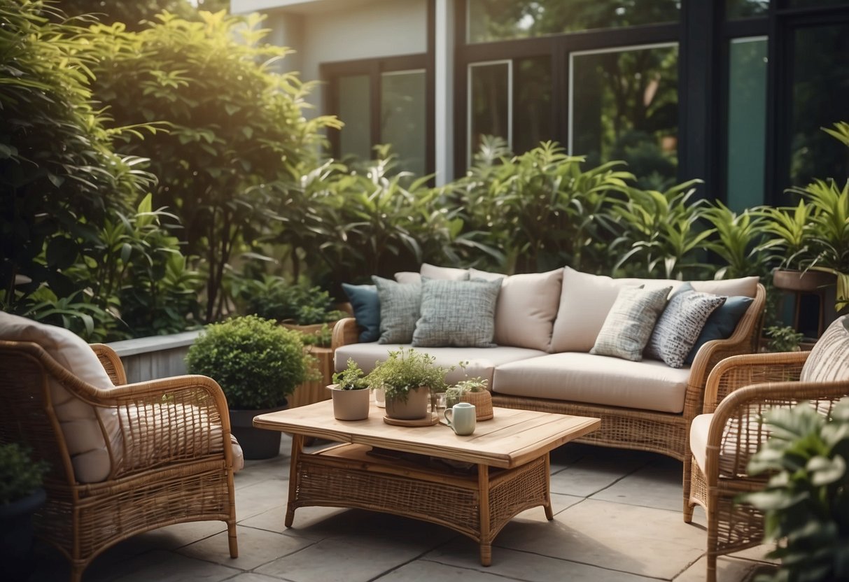 A cozy outdoor patio with rattan garden furniture arranged around a low coffee table, surrounded by lush greenery and potted plants