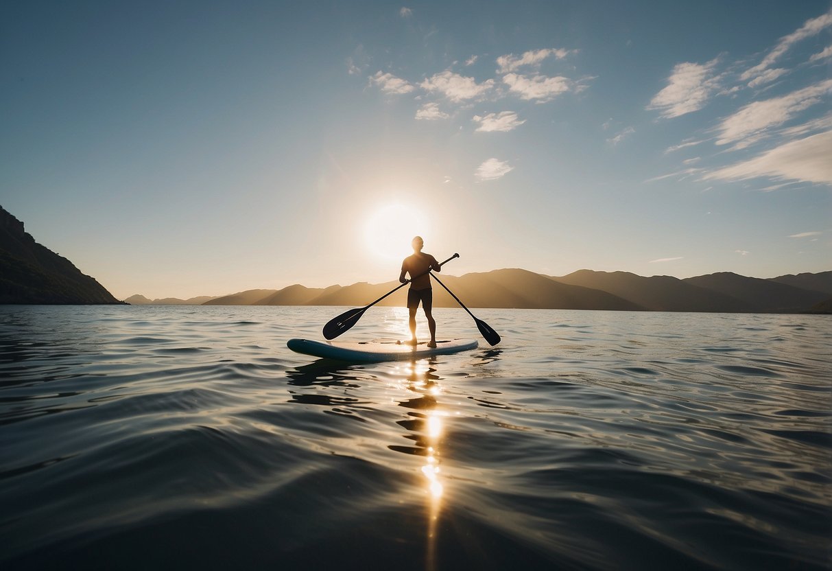 A paddleboarder glides across calm waters, surrounded by scenic views. The sun shines overhead as the paddleboarder navigates through the serene environment, staying motivated on their long journey