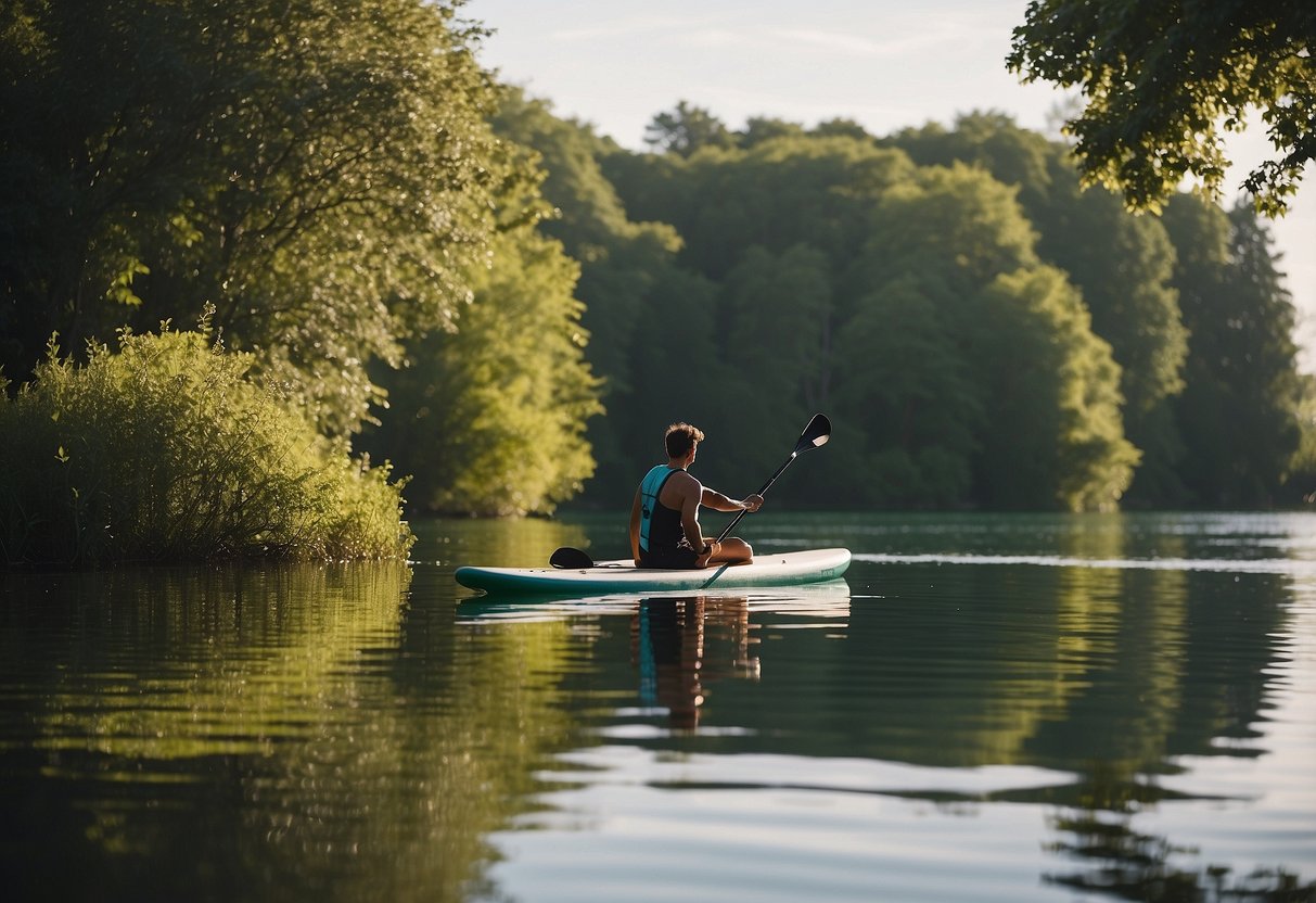 A paddleboarder takes a break on a calm, sunny lake. They sit on the board, surrounded by peaceful water and lush greenery, taking a moment to recharge before continuing their journey