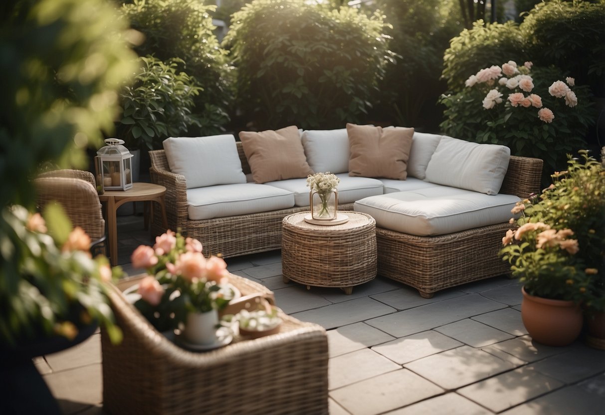 A cozy outdoor setting with rattan furniture arranged on a patio, surrounded by lush greenery and blooming flowers