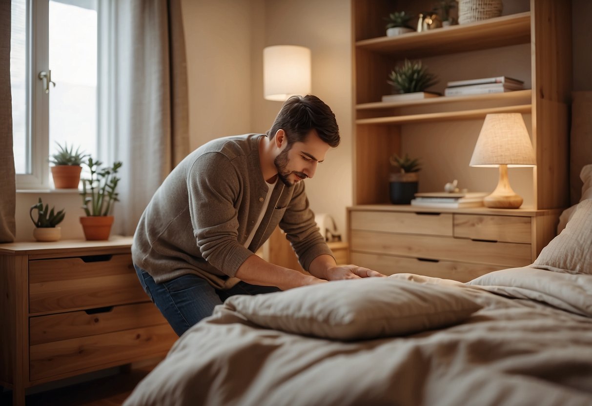 A person arranging light wood bedroom furniture in a cozy room with soft lighting and a neutral color scheme