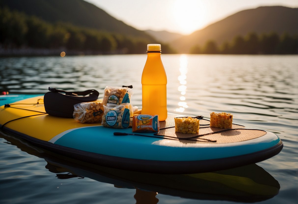 A paddleboard loaded with high-energy snacks, water bottle, and sunscreen, ready for a long trip on calm waters