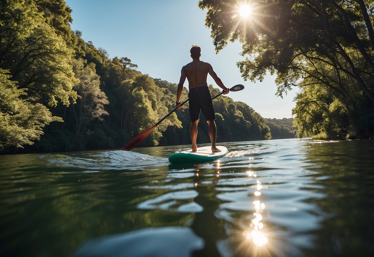 A paddleboarder cruising along a serene, sun-kissed river, surrounded by lush greenery and clear blue skies. A waterproof speaker plays an upbeat playlist, keeping the paddler motivated and energized on their long journey